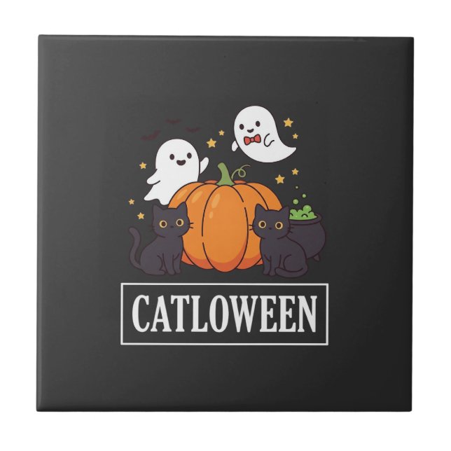 Carreau Catloween Drôle Chat Halloween Fantôme Citrouille  (Devant)