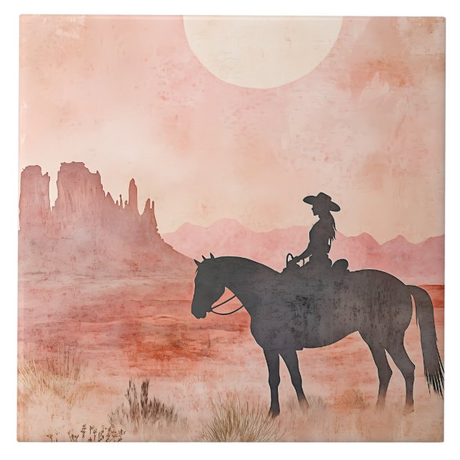 Carreau Cavalière à cheval, scène de coucher de soleil sud (Devant)