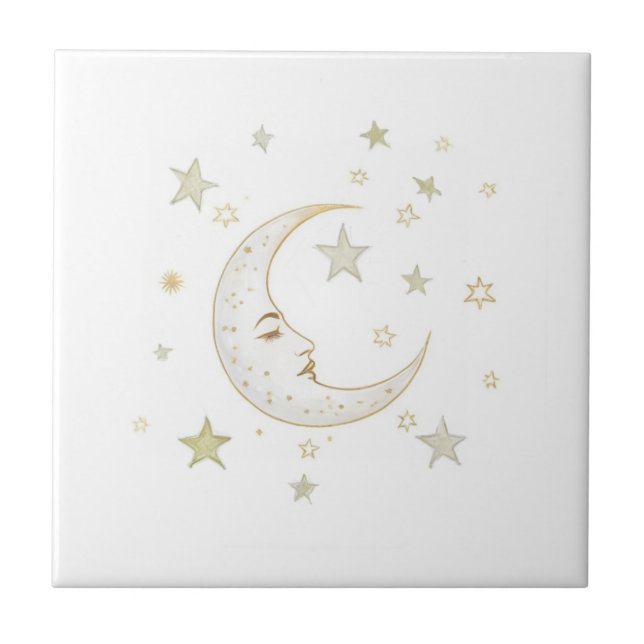 Carreau Celestial Moon with Face & Stars Gold Silver White (Devant)