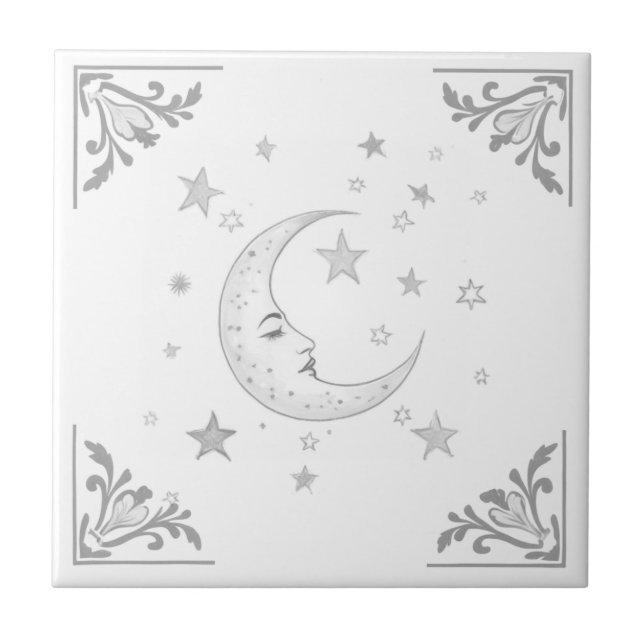 Carreau Celestial Moon with Face & Stars Silver and White (Devant)