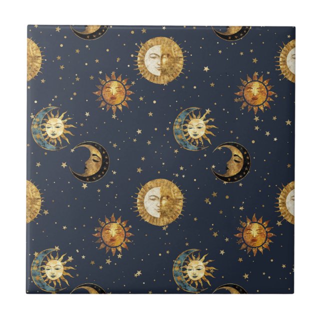 Carreau Celestial Sun & Moon Gold Starry Night Pattern (2) (Devant)