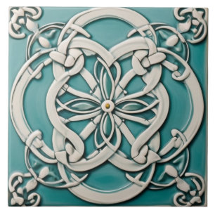 Carreau Celtic Knot Inspiré Turquoise et Fleur blanche