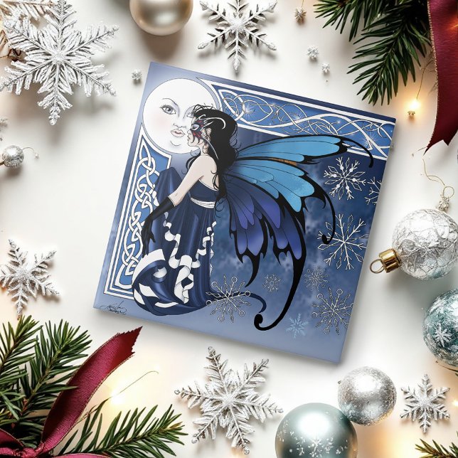 Carreau Celtic Winter Moon Fairy Blue Snowflakes Fantasy (Créateur téléchargé)