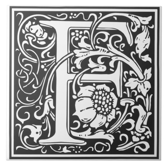 Carreau Ceramic Tile - Monogram Alphabet F black White (Devant)