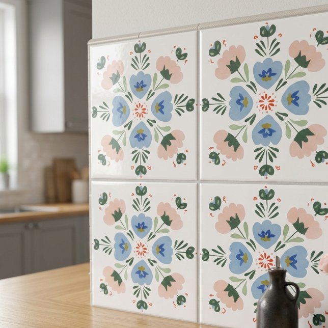 Carreau Céramique décorative d'art populaire floral bleu e (Blue and Blush Floral Folk Art Decorative Ceramic Tile
)
