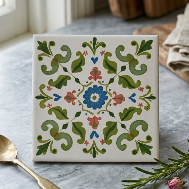 Carreau Céramique décorative florale d'art populaire bleu  (Blue and Green Folk Art Floral Decorative Ceramic Tile)