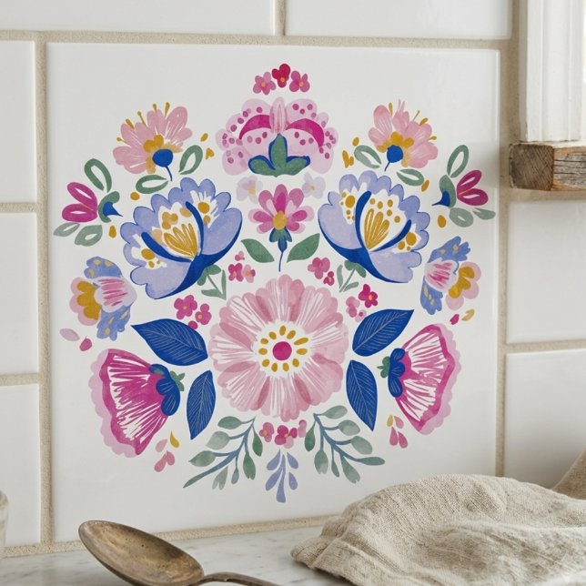 Carreau Céramique décorative florale d'art populaire rose  (Pink and Blue Folk Art Floral Decorative Ceramic Tile)