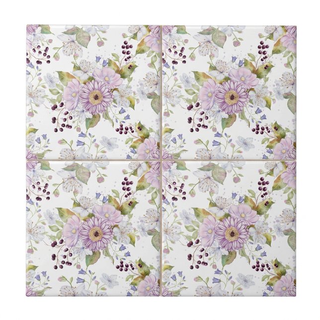 Carreau Céramique Fleur de Botanique Aquarelle Pastel (Pink and White Pastel Watercolor Wildflowers Ceramic Tile)