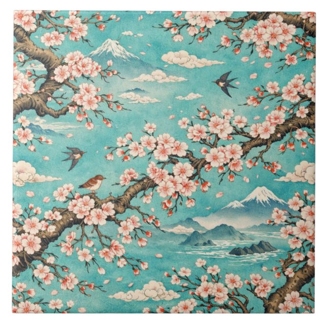 Carreau Céramique Ukiyo-e Fleur de Cerisier Sakura (Devant)