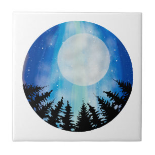 Carreau Cercle bleu ciel de forêt pleine lune nuit fantais
