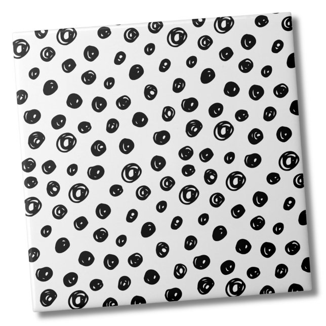 Carreau Cercles Points Motif Noir Blanc (Cute Messy Dots Circles Pattern Black White Ceramic Tile)