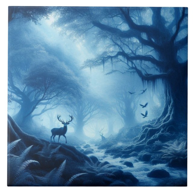 Carreau Cerf dans la forêt noire de la brume bleue (Devant)