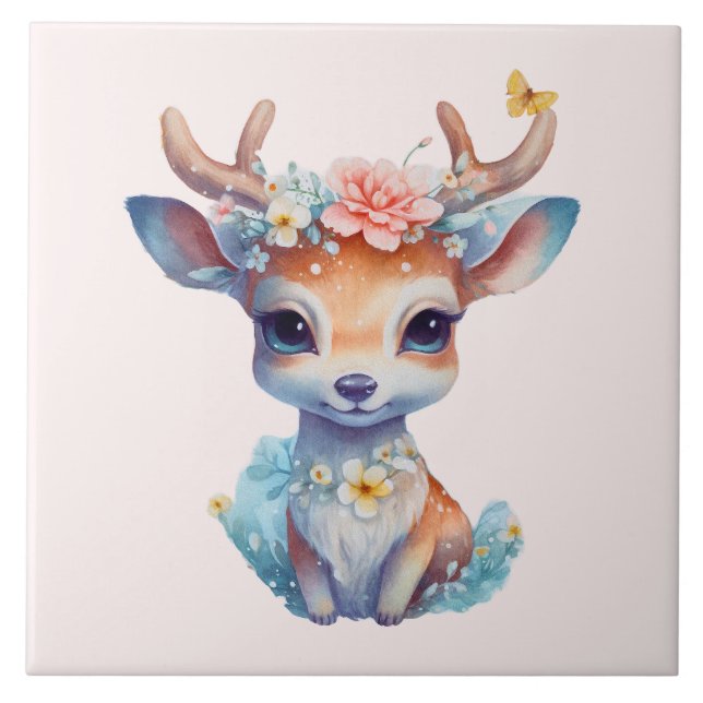 Carreau Cerf de Bébé mignon avec Antlers et Fleurs (Devant)