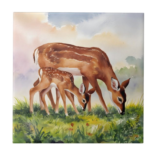 Carreau Cerf peint maman et bébé (Devant)