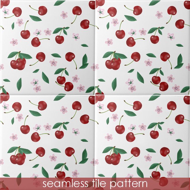 Carreau Cerises de verdure Cerise de fleurs Motif transpar (Cherries Greenery Cherry Blossoms Seamless Pattern Ceramic Tile)