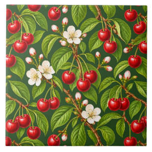 Carreau Cerises rouges botaniques et fleurs blanches