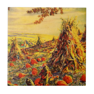 Carreau Champ de citrouilles vintage Halloween avec meules