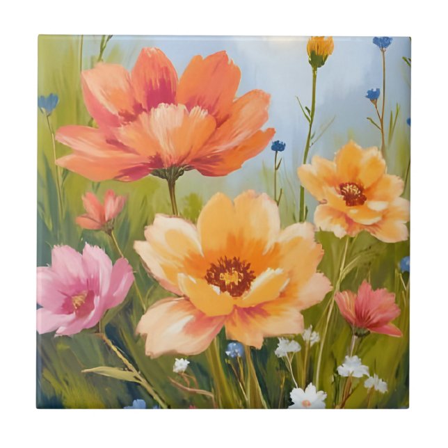 Carreau Champ de fleurs sauvages | Fleurs aquarelles botan (Devant)