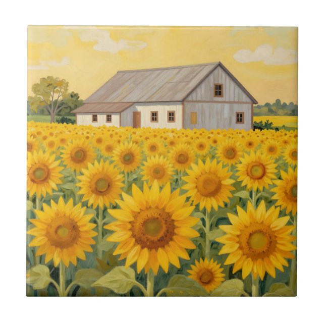 Carreau Champ de Tournesols Paysage Rustique de Grange (Devant)