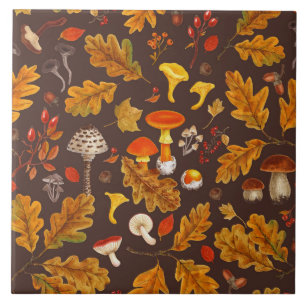 Carreau Champignons forestiers et flore d'automne sur brun
