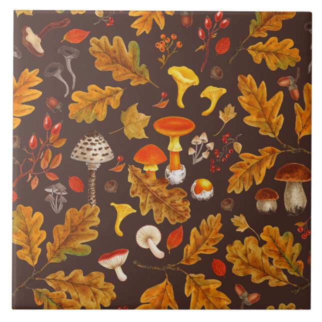 Carreau Champignons forestiers et flore d'automne sur brun (Devant)