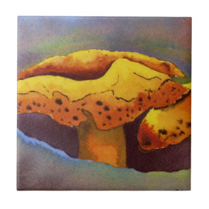 Carreau Champignons jaunes et rouges, tabouret en céramiqu