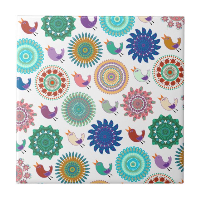 Carreau Chanter Bird et Mandala Folk Art Motif (Devant)