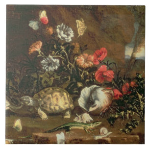 Carreau Chardons, fleurs, reptiles et papillons à coté