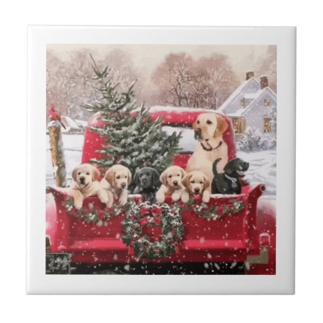Carreau Chariot Rouge Rétro De Noël Avec Chiens De Chiens  (Devant)
