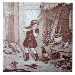 Carreau Charmante ferme de tuiles Sepia Boy et poulets
