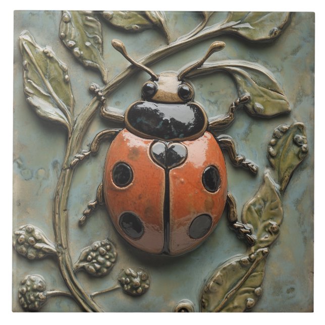 Carreau Charme Ladybug et Foliage Faux Relief (Devant)