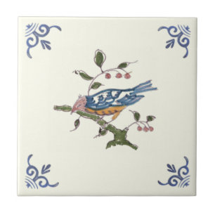 Carreau Charming Repro Delft Bird on Branch avec Berries