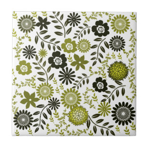Carreau Chartreuse et motif floral vert olive foncé