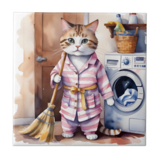 Carreau Chat adorable en pyjama Faire la blanchisserie Drô