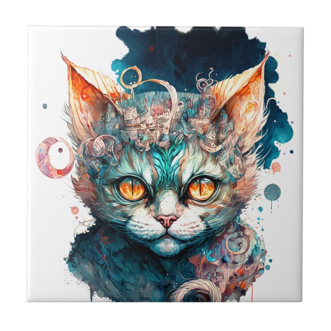 Carreau Chat aquarelle en style steampunk (Devant)