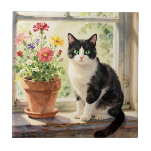 Carreau Chat aquarelle et fleurs sur appui de fenêtre