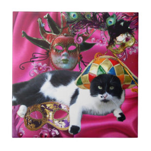 CARREAU CHAT AVEC CASQUETTE HARLEQUIN ET MASQUERADE DE FÊT
