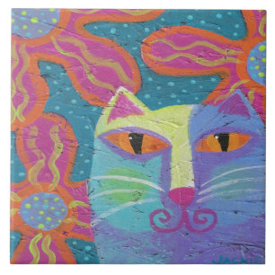 Carreau Chat avec fleurs roses Peinture Abstraite