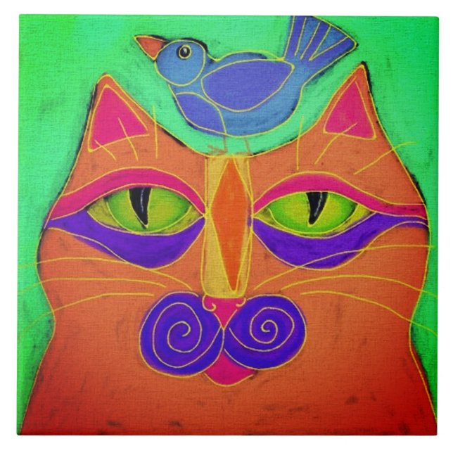 Carreau Chat avec oiseau sur la tête Peinture Abstraite (Devant)