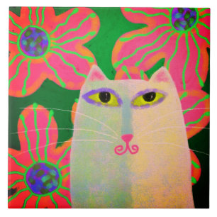 Carreau Chat blanc aux fleurs roses Peinture Abstraite