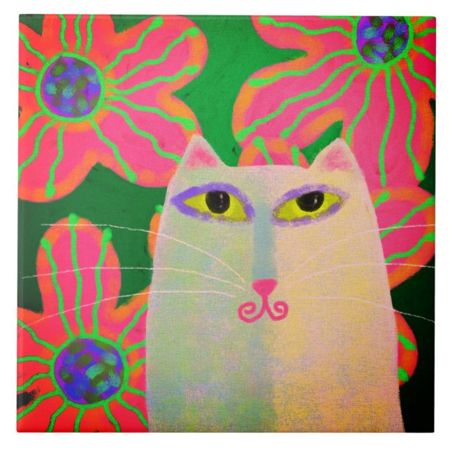 Carreau Chat blanc aux fleurs roses Peinture Abstraite (Devant)