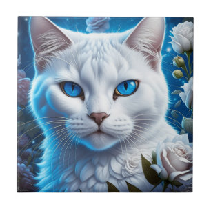 Carreau Chat blanc aux yeux bleu clair Floral