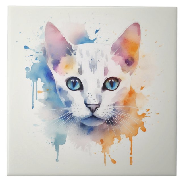 Carreau Chat blanc aux yeux bleus - Aquarelle (Devant)