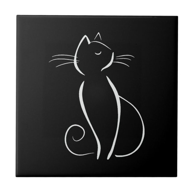 Carreau Chat blanc minimaliste sur noir (Devant)