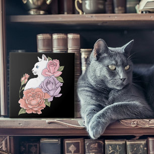 Carreau Chat Blanc Pastel Floral Botanique Romantique Noir