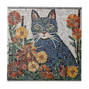 Carreau Chat Bleu avec Fleurs mosaïque Carrelée