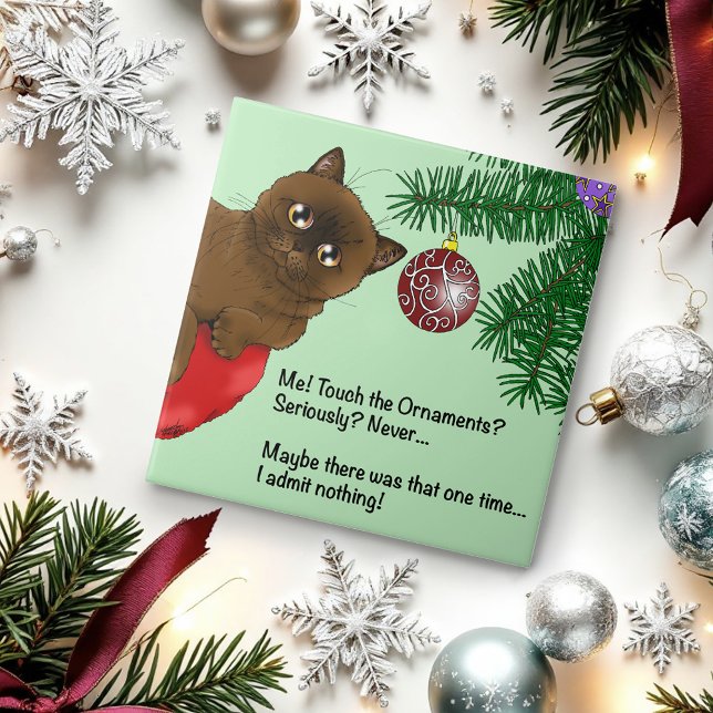 Carreau Chat Brun de Noël Mignon Vert Enjoué Humour (Créateur téléchargé)
