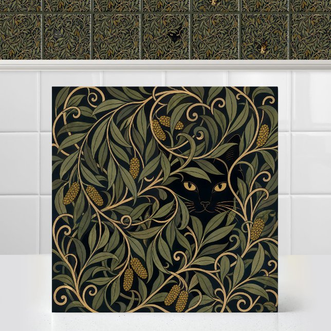 Carreau Chat Caché Feuillage de Saule Cônes de Pin Art Vin (Antique Art Nouveau Pattern Hidden Cat Willow Foliage Pine Cones Vintage Art Ceramic Tile Mural)
