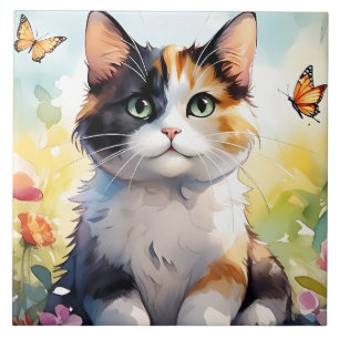 Carreau Chat calico dans un jardin printanier avec papillo