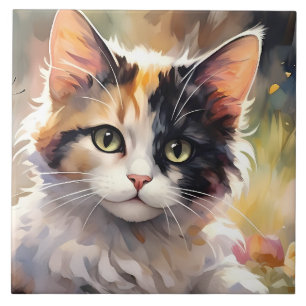 Carreau Chat calico et papillons dans un jardin printanier